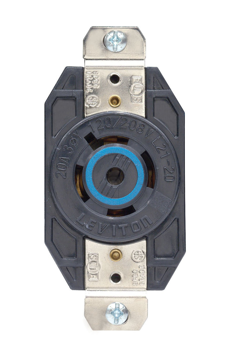 Leviton 2510 20 Amp, 120/208 Volt- 3PY, Flush Mounting Locking Receptacle, Industrial Grade, Grounding, V-0-Max, Black