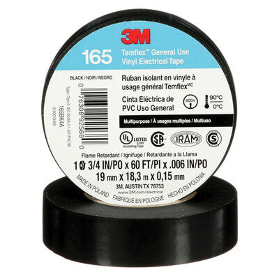 3M 165BK4A General Use Electrical Tape 3/4-Inch x 60-ft x 6 mil Vinyl Backing Black Temflex Pack of 10