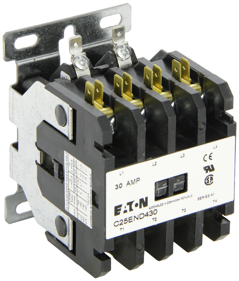 Eaton C25END430A Definite Purpose Contactor 4 Poles, Screw/Pressure Plate, Quick Connect Side By Side Terminals, 30A Current Rating, 120VAC Coil Voltage