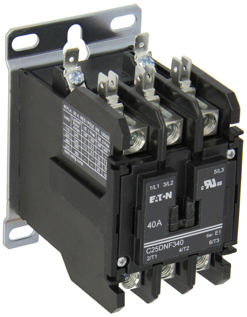 Eaton C25DNF340A Definite Purpose Contactor, 50mm, 3 Poles, Box Lugs, Quick Connect Side By Side Terminals, 40A Current Rating, 3 Max HP Single Phase at 115V, 10 Max HP Three Phase at 230V, 20 Max HP Three Phase at 480V, 120VAC Coil Voltage